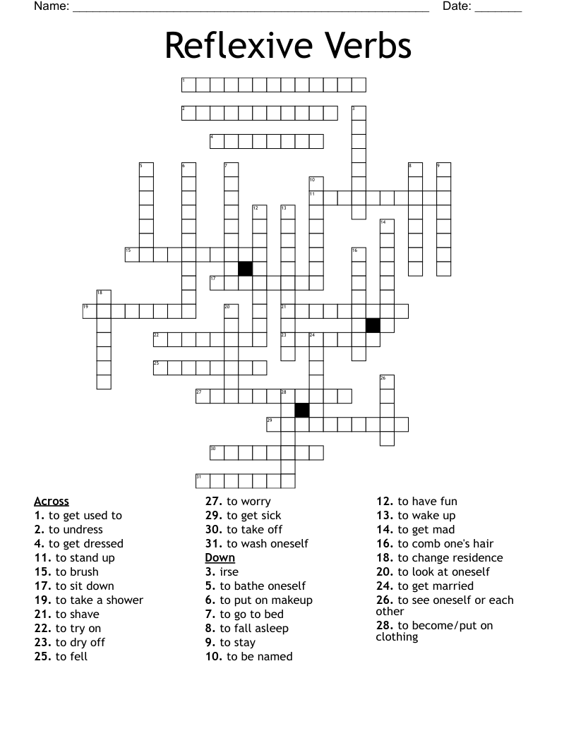 Reflexive Verbs Crossword