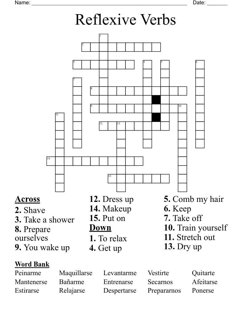 Reflexive Verbs Crossword