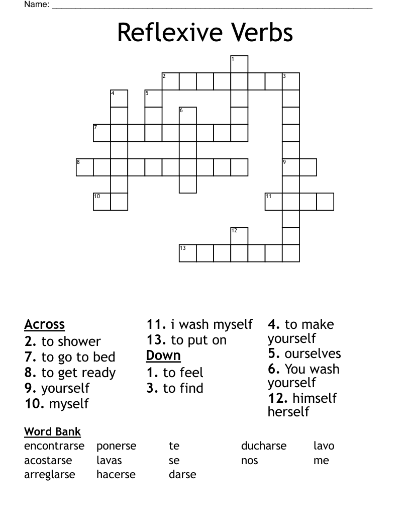 Reflexive Verbs Crossword