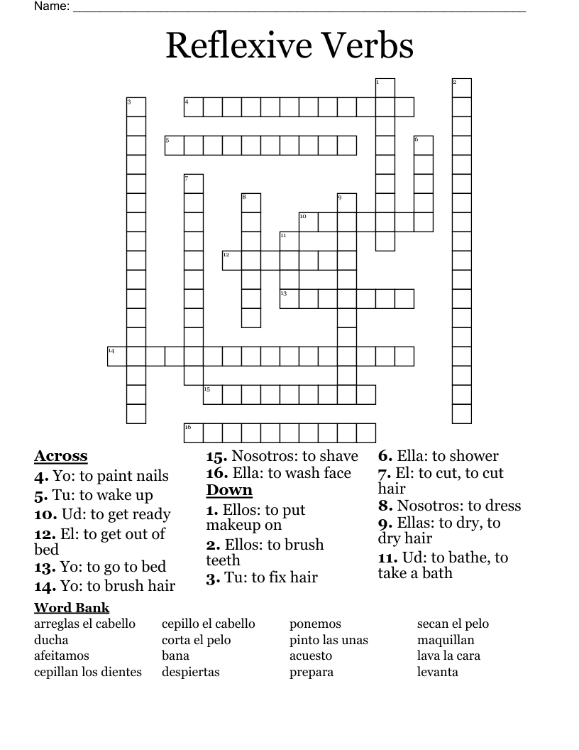 Reflexive Verbs Crossword