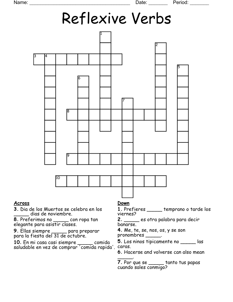 Reflexive Verbs Crossword