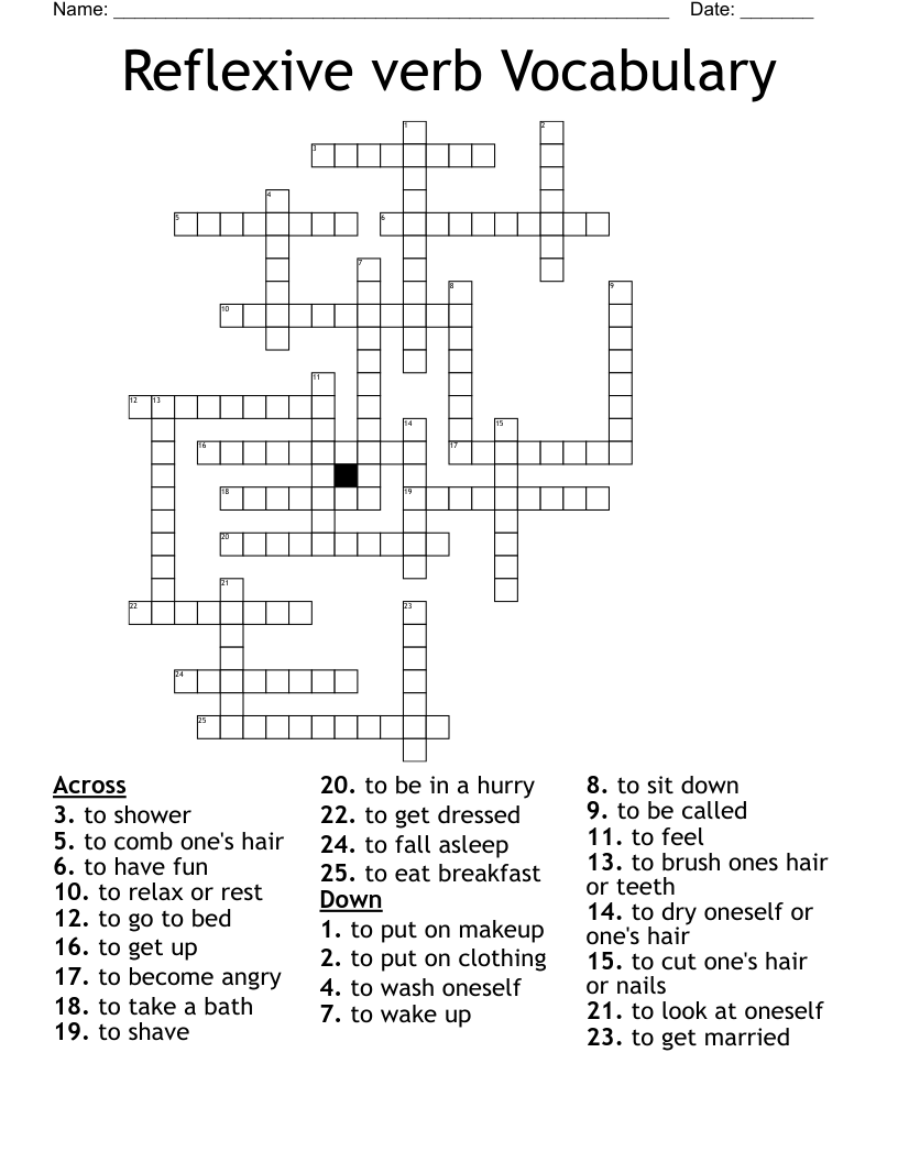 Reflexive verb Vocabulary Crossword