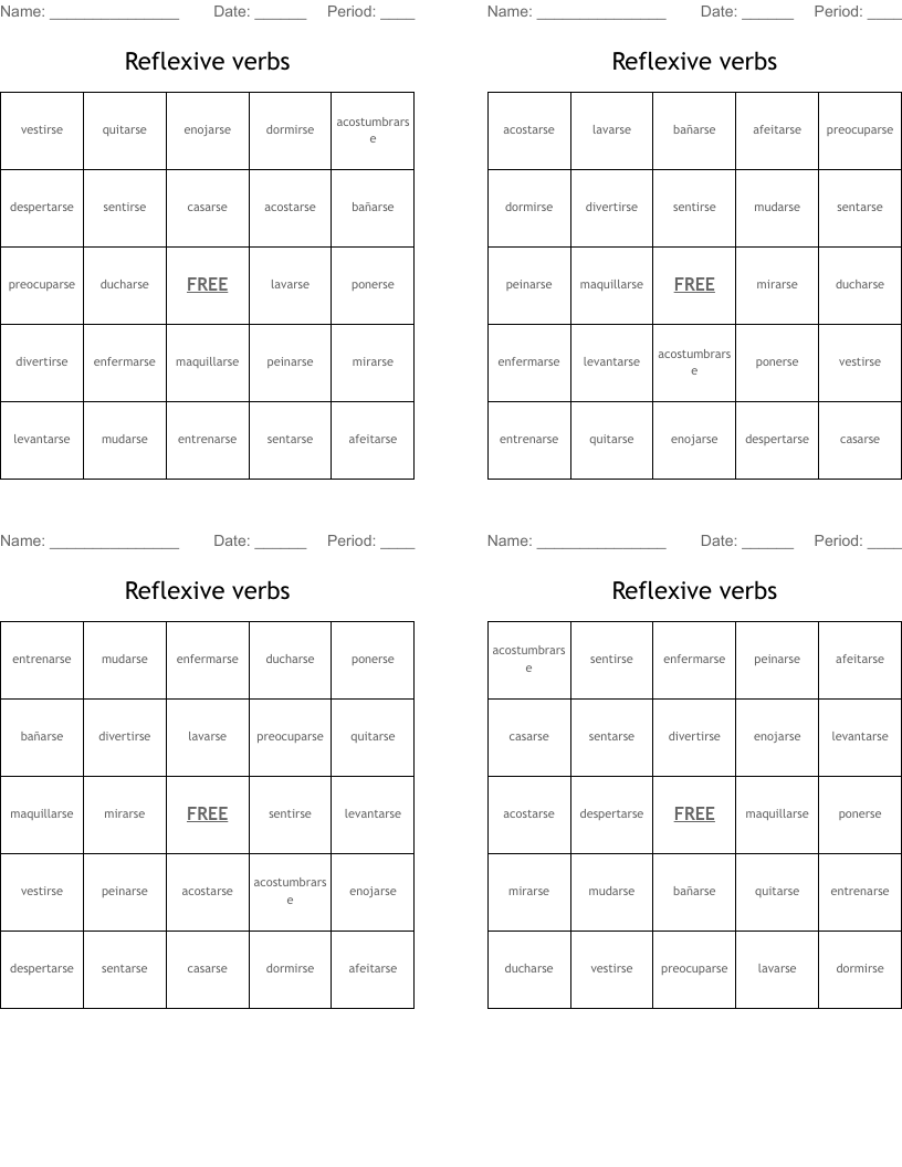 Reflexive verbs Bingo Cards