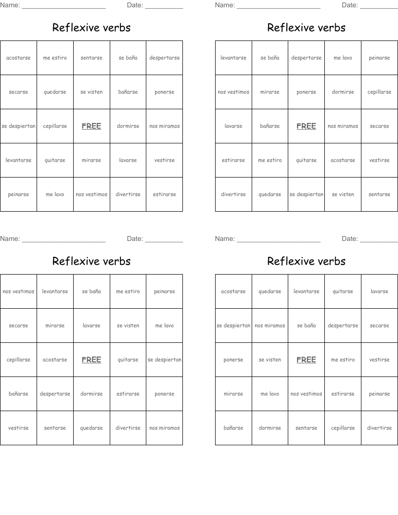 Reflexive verbs  Bingo Cards