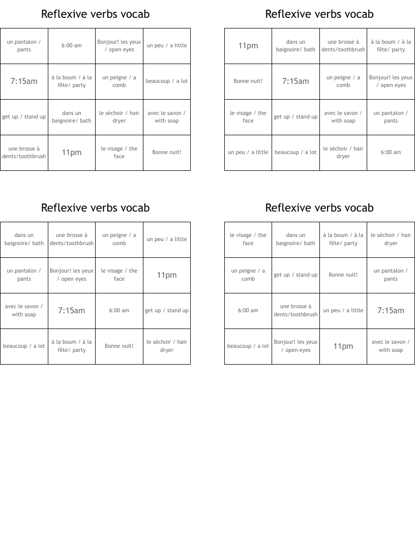 Reflexive verbs vocab Bingo Cards