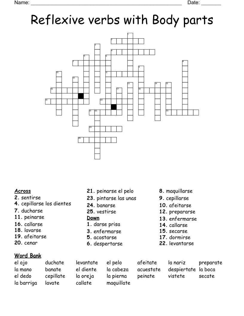 Reflexive verbs with Body parts    Crossword