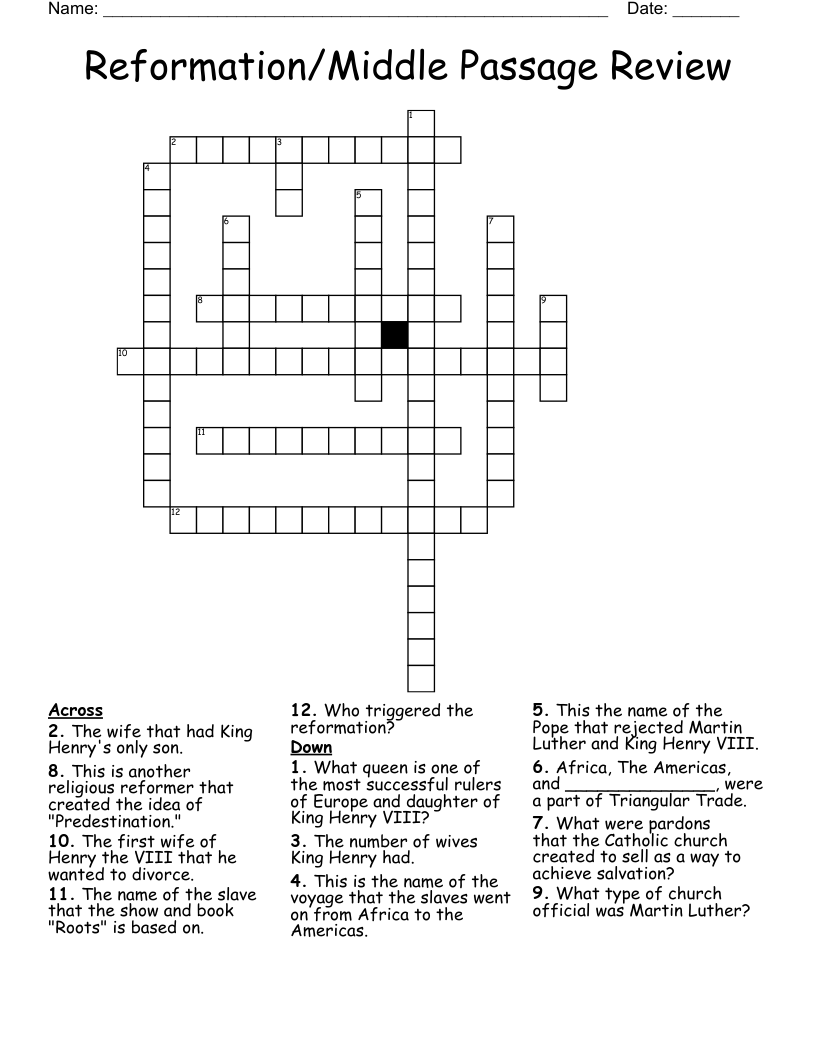 Reformation/Middle Passage Review Crossword
