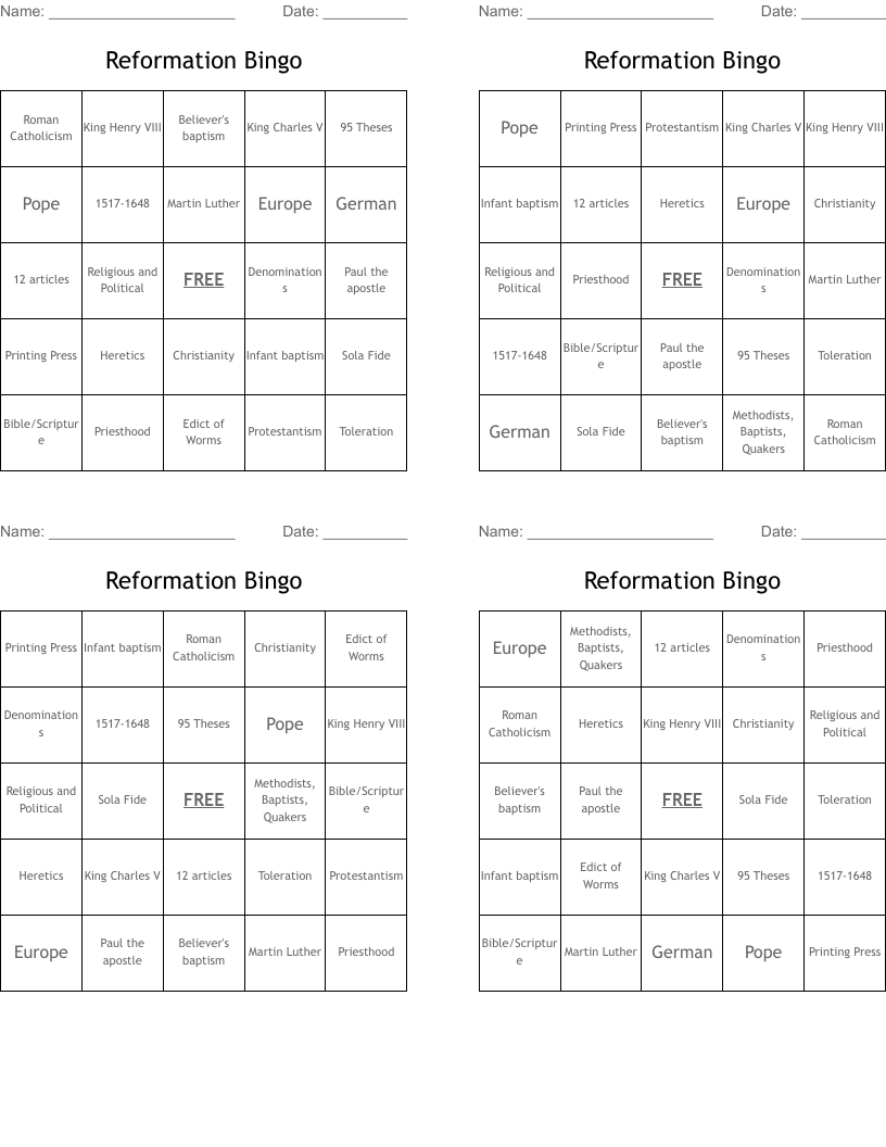 Reformation Bingo