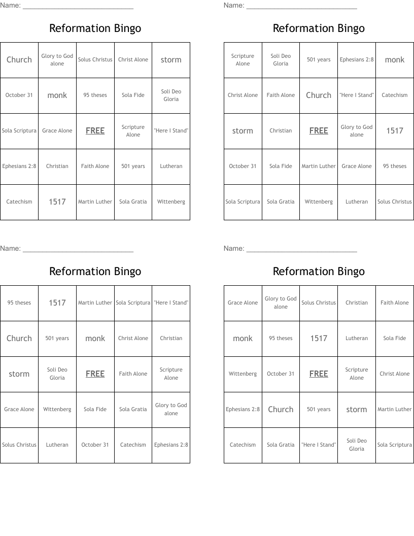 Reformation Bingo