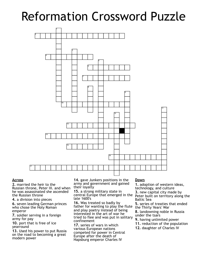 Reformation Crossword Puzzle