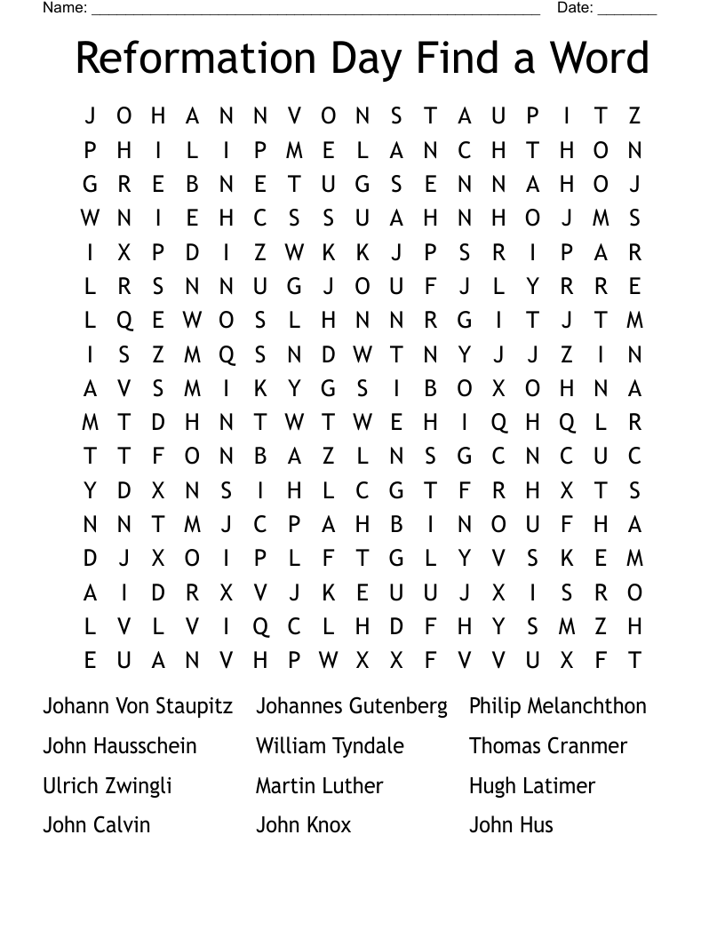 Reformation Day Find a Word Word Search