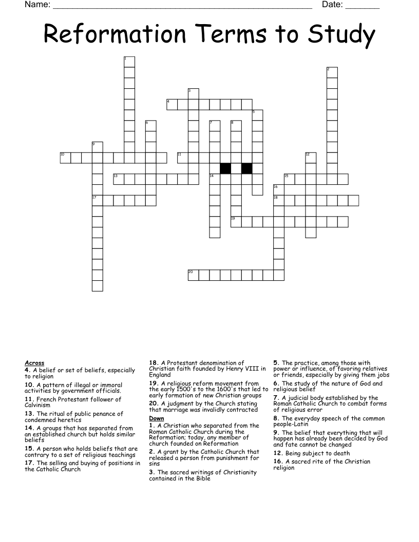 Reformation Terms to Study Crossword