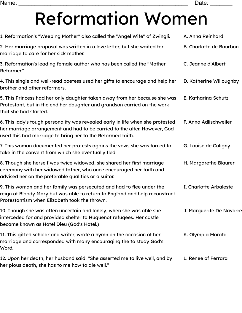 Reformation Women Worksheet
