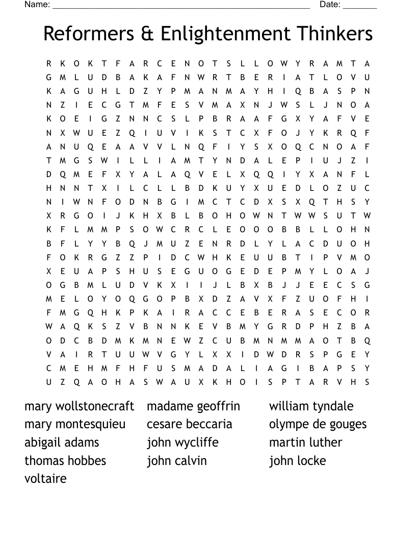 Reformers & Enlightenment Thinkers Word Search
