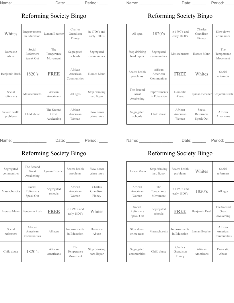 Reforming Society Bingo