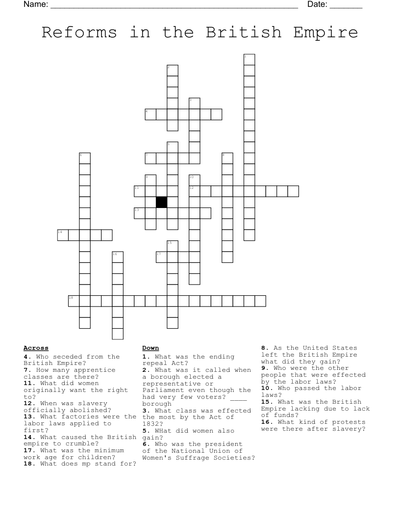 Reforms in the British Empire Crossword