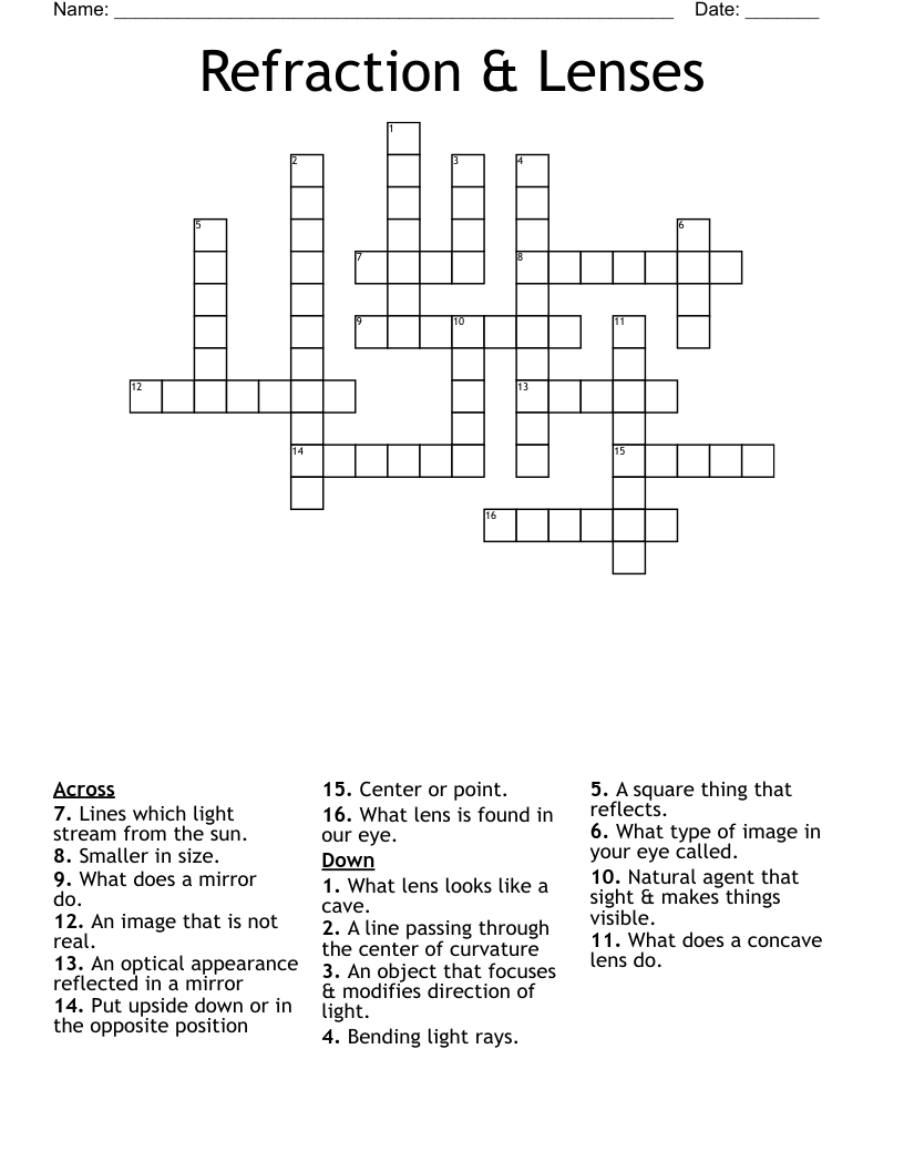 Refraction & Lenses Crossword