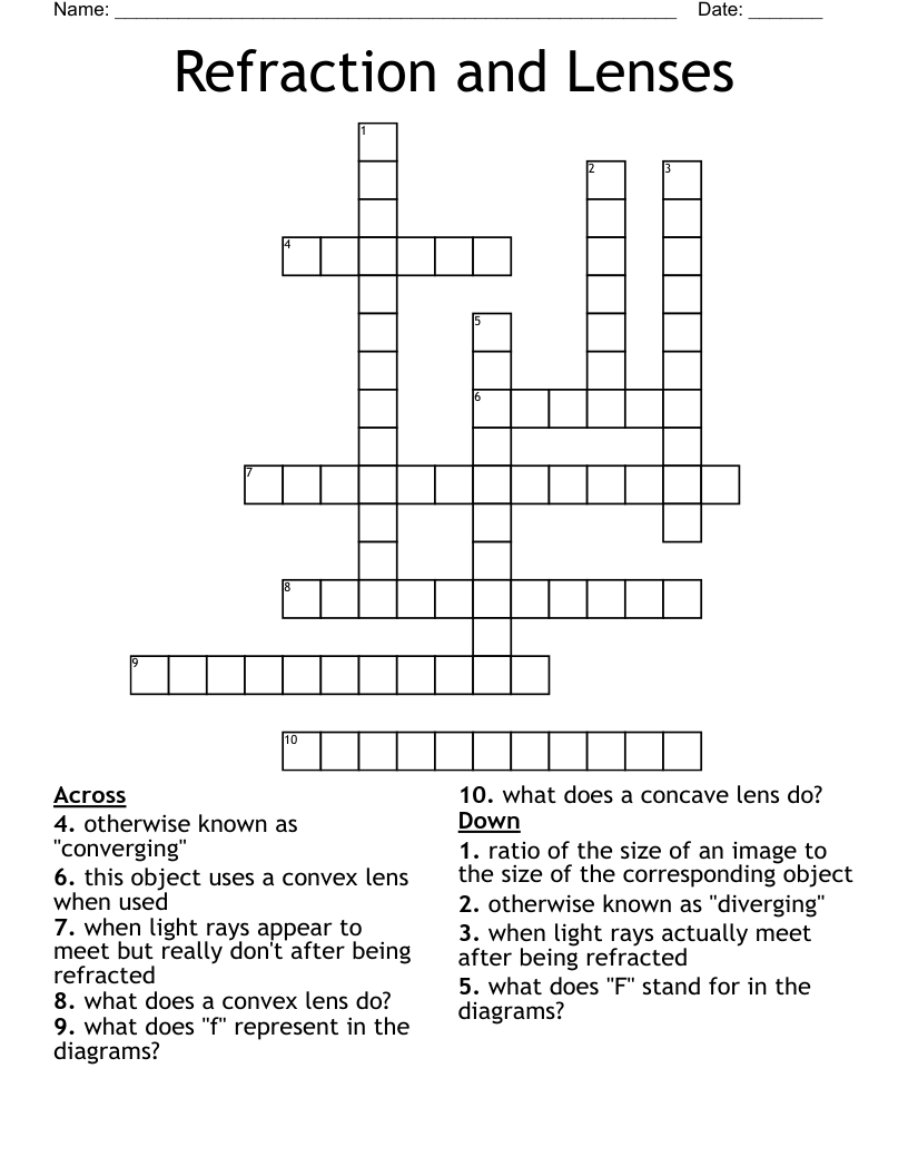 Refraction and Lenses Crossword