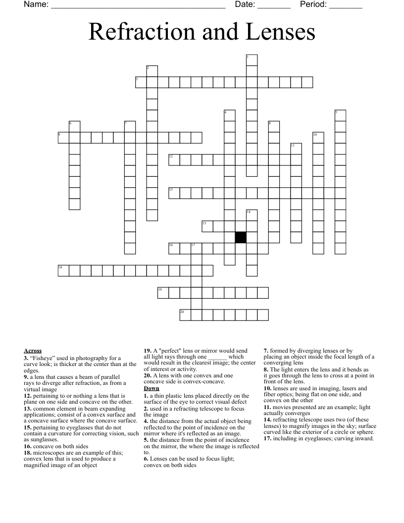 Refraction and Lenses Crossword