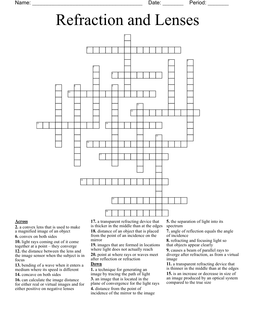 Refraction and Lenses Crossword