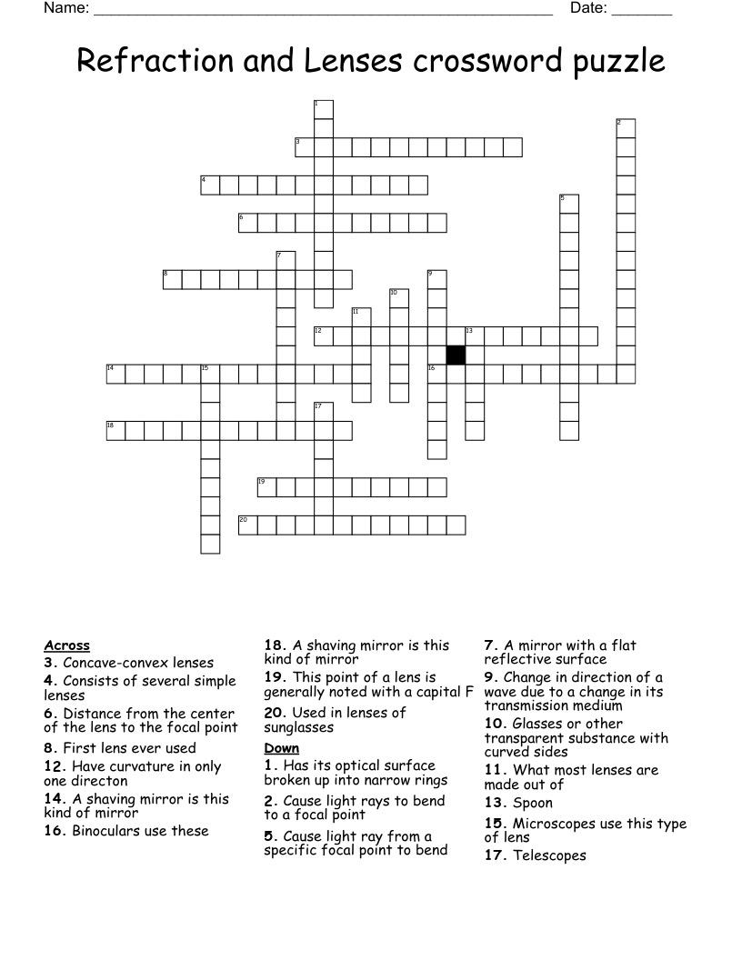 Refraction and Lenses crossword puzzle