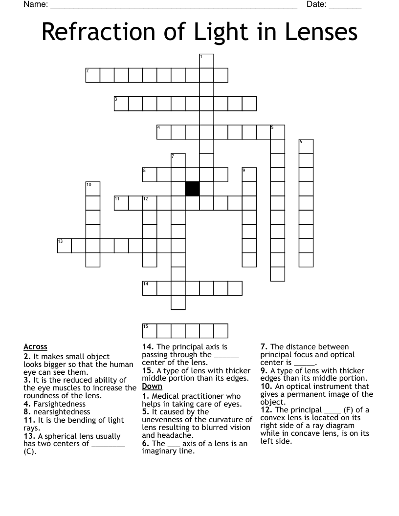 Refraction of Light in Lenses Crossword