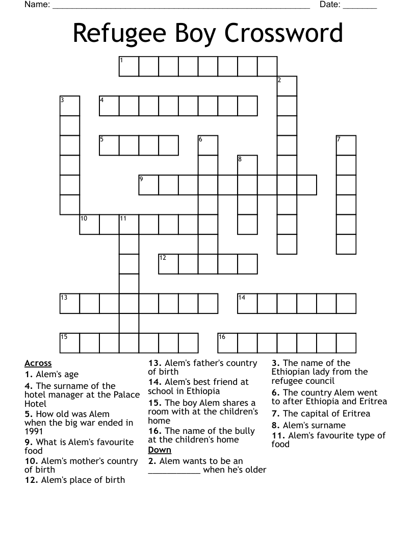 Refugee Boy Crossword