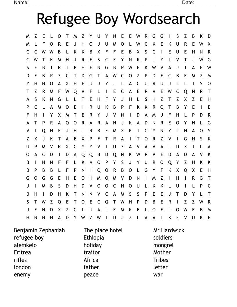 Refugee Boy Wordsearch