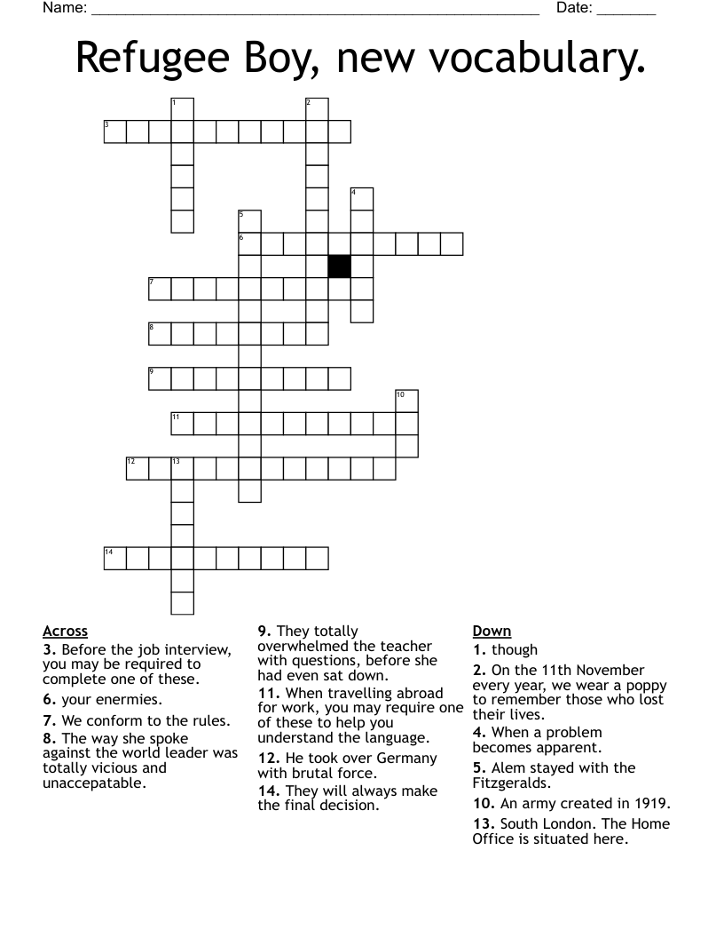 Refugee Boy, new vocabulary. Crossword