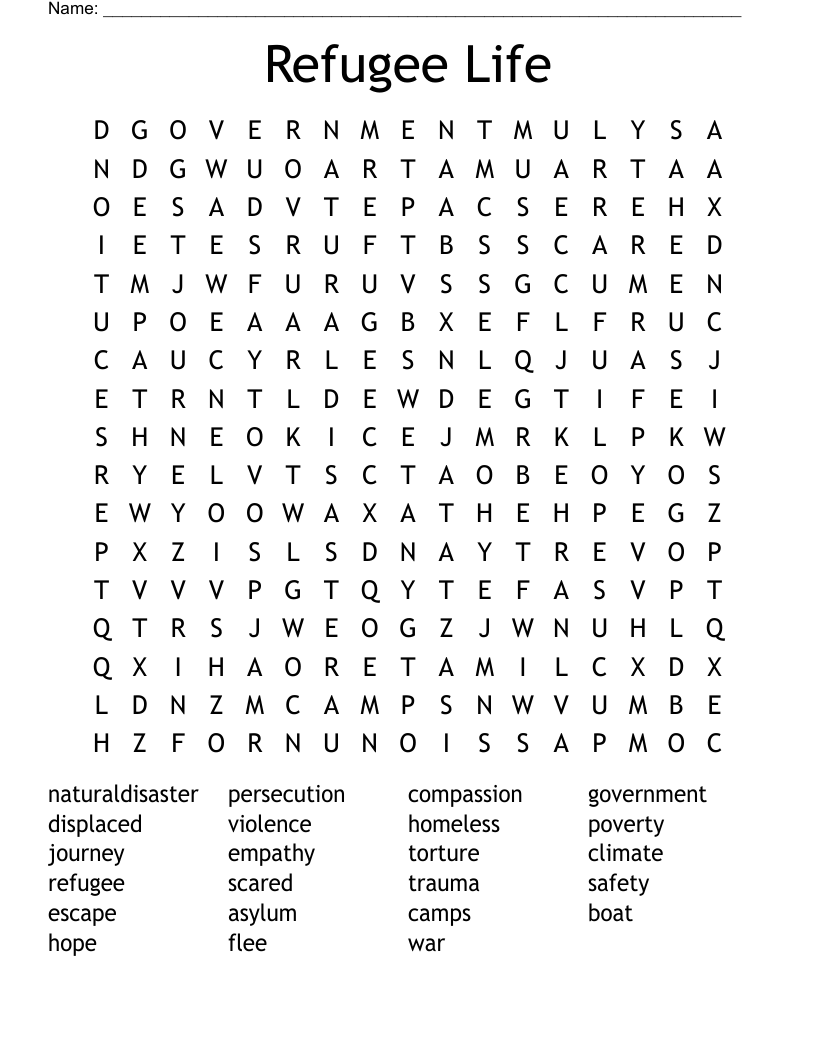 Refugee Life Word Search
