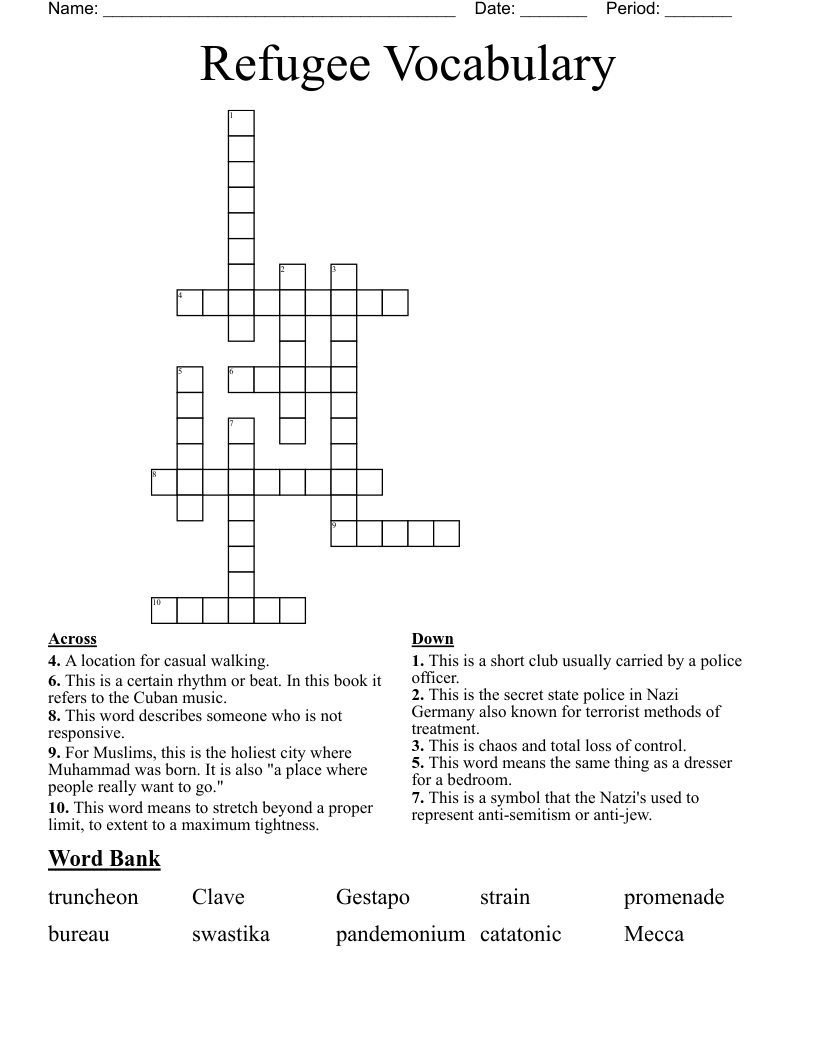 Refugee Vocabulary Crossword
