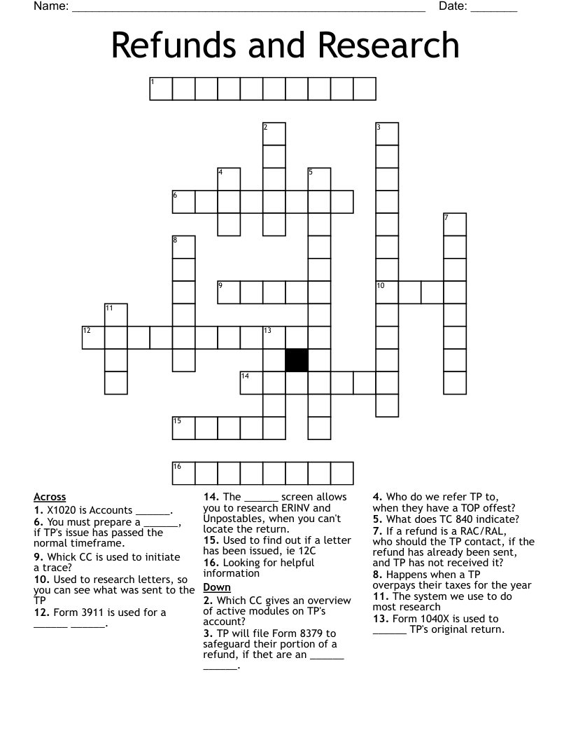 Refunds and Research Crossword