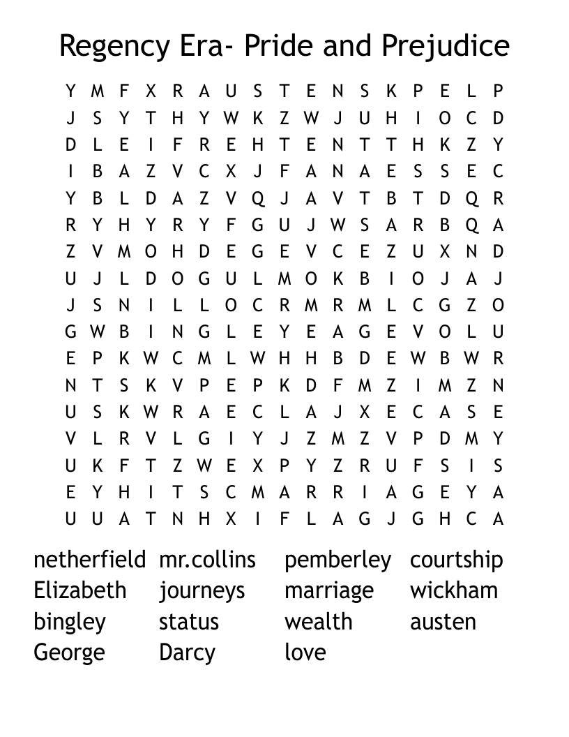 Regency Era- Pride and Prejudice Word Search