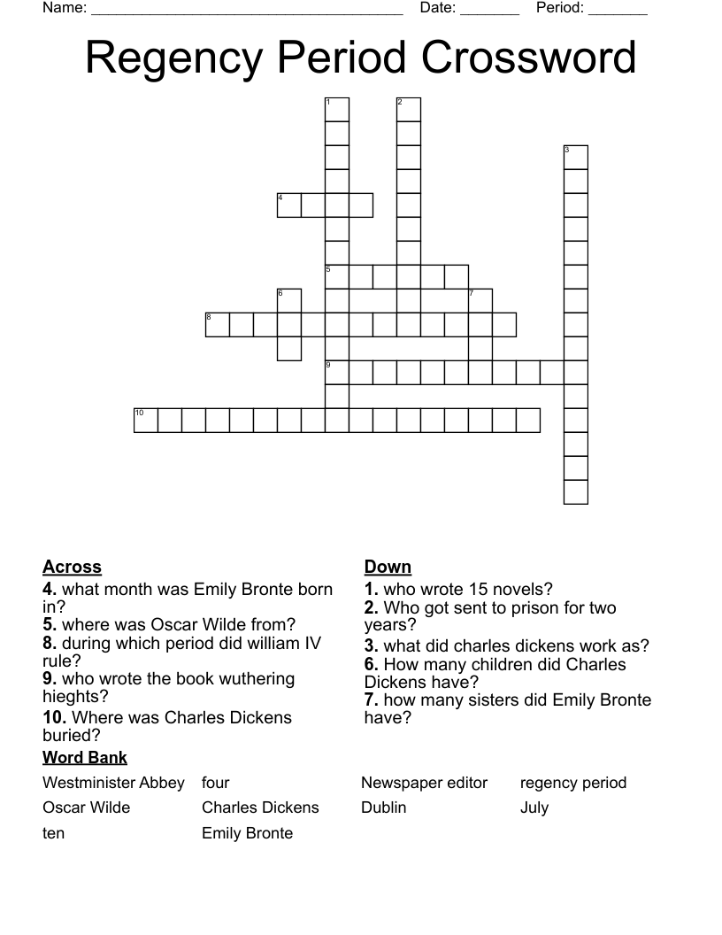 Regency Period Crossword