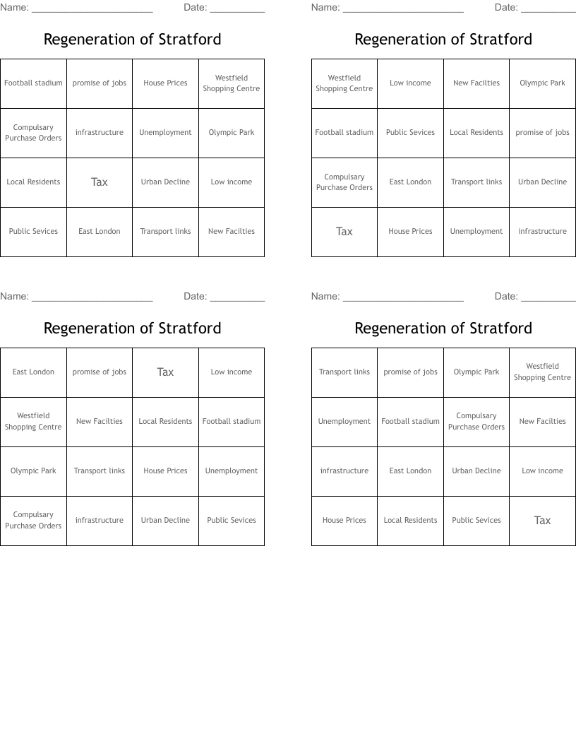 Regeneration of Stratford Bingo Cards