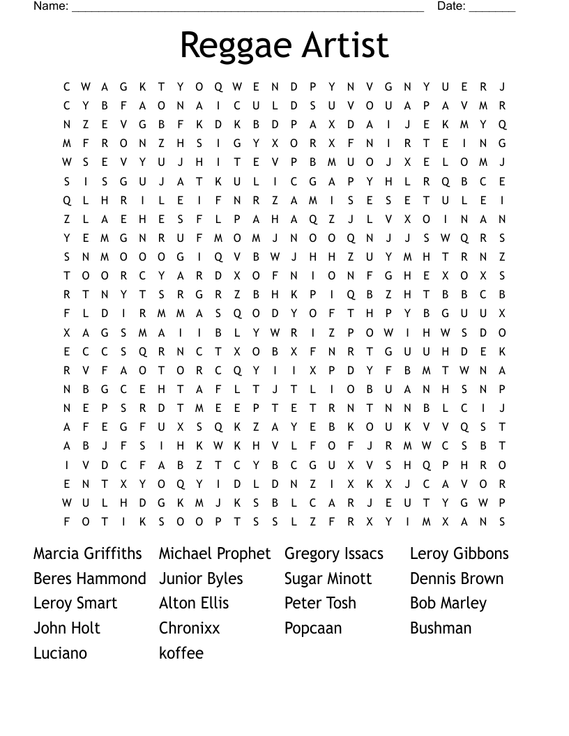 Reggae Artist Word Search