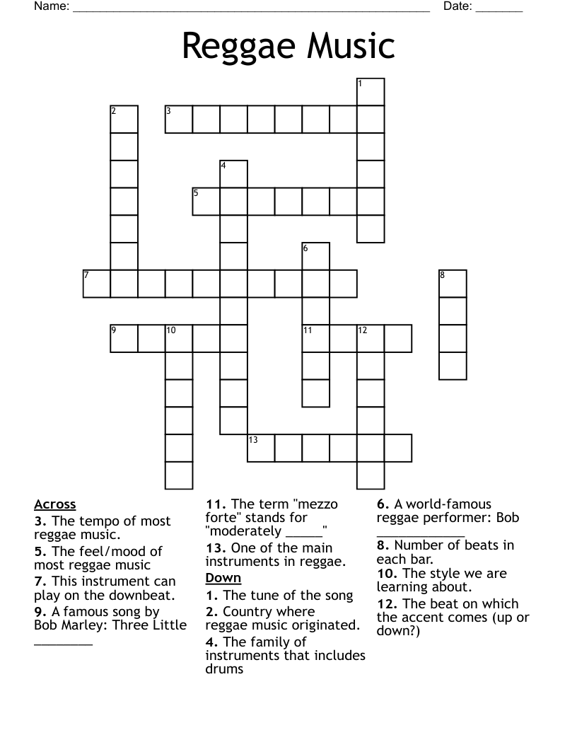Reggae Music Crossword