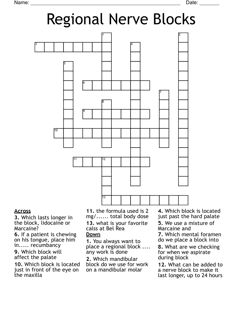 Regional Nerve Blocks Crossword