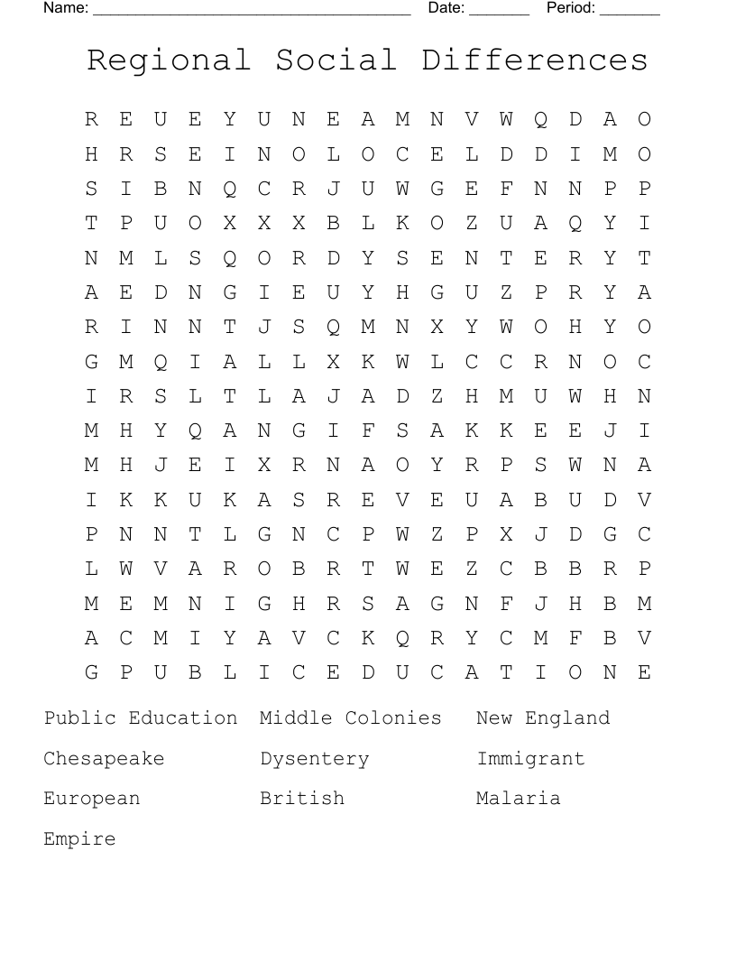 Regional Social Differences  Word Search