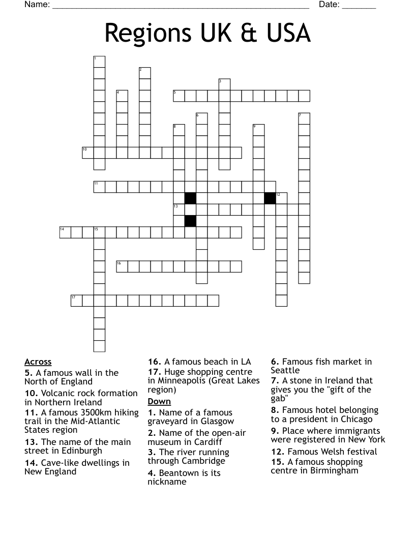 Regions UK & USA Crossword