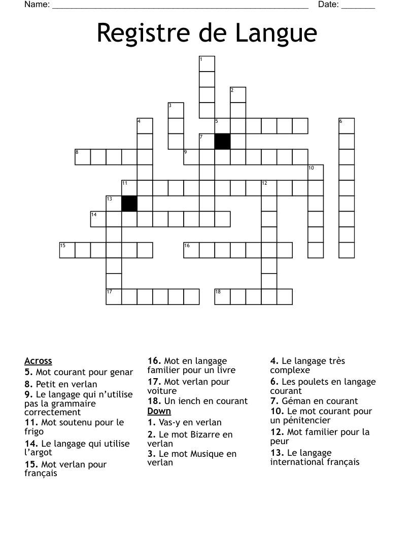 Registre de Langue Crossword