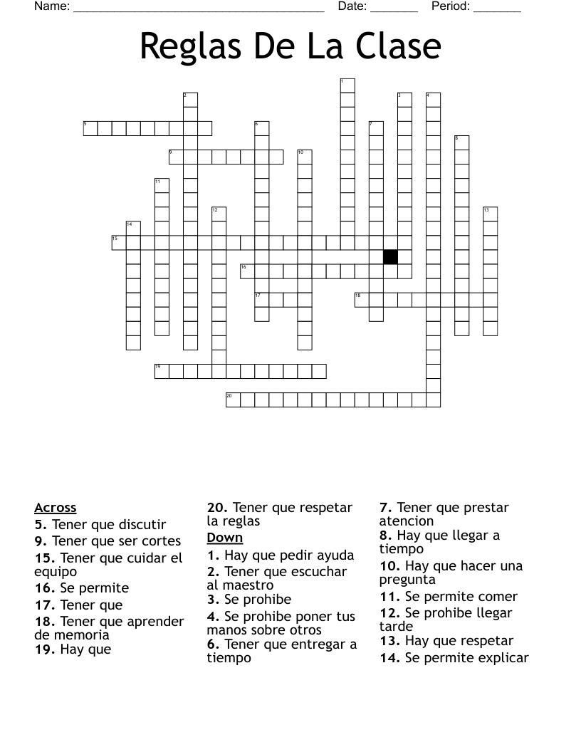 Reglas De La Clase Crossword