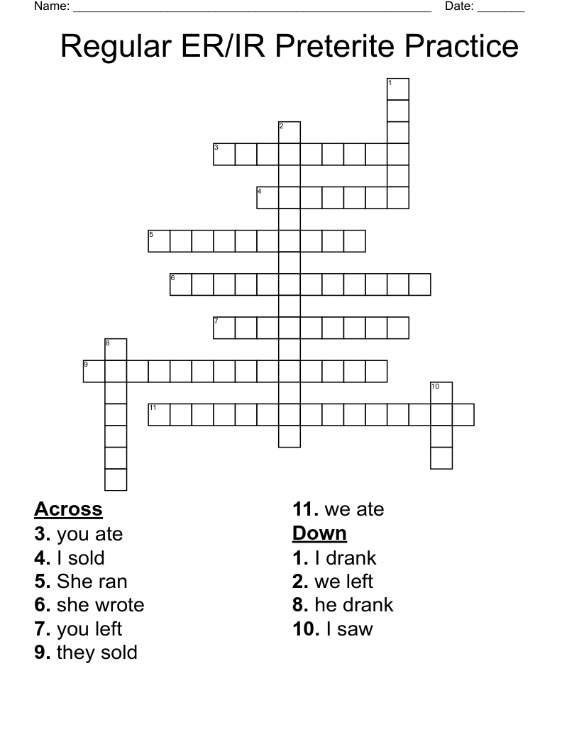 Regular ER/IR Preterite Practice Crossword