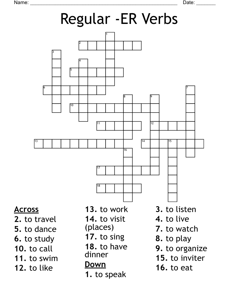 Regular -ER Verbs Crossword