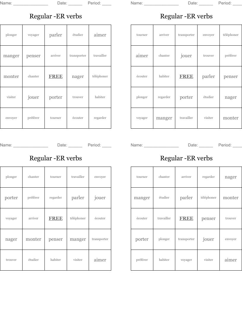 Regular -ER  verbs Bingo Cards
