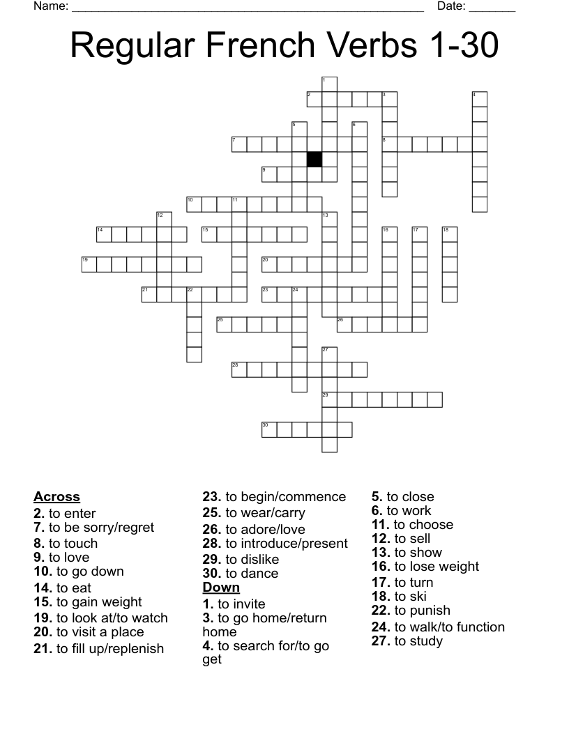 Regular French Verbs 1-30 Crossword