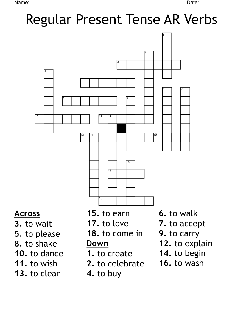 Regular Present Tense AR Verbs Crossword