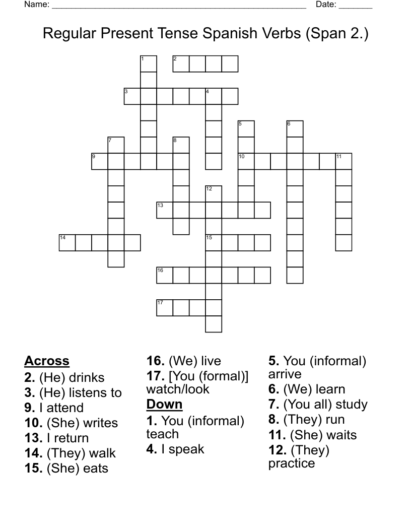 Regular Present Tense Spanish Verbs (Span 2.) Crossword