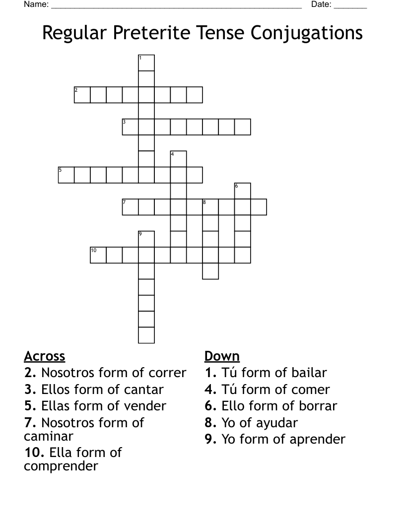 Regular Preterite Tense Conjugations Crossword