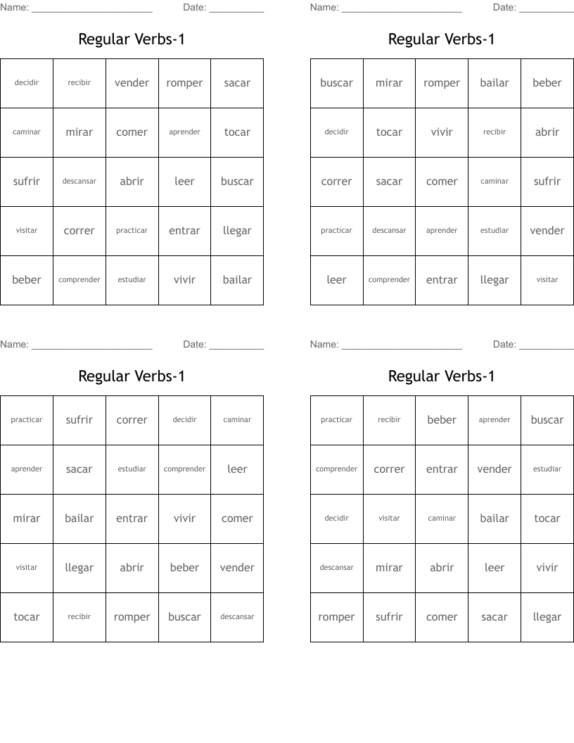 Regular Verbs-1 Bingo Cards